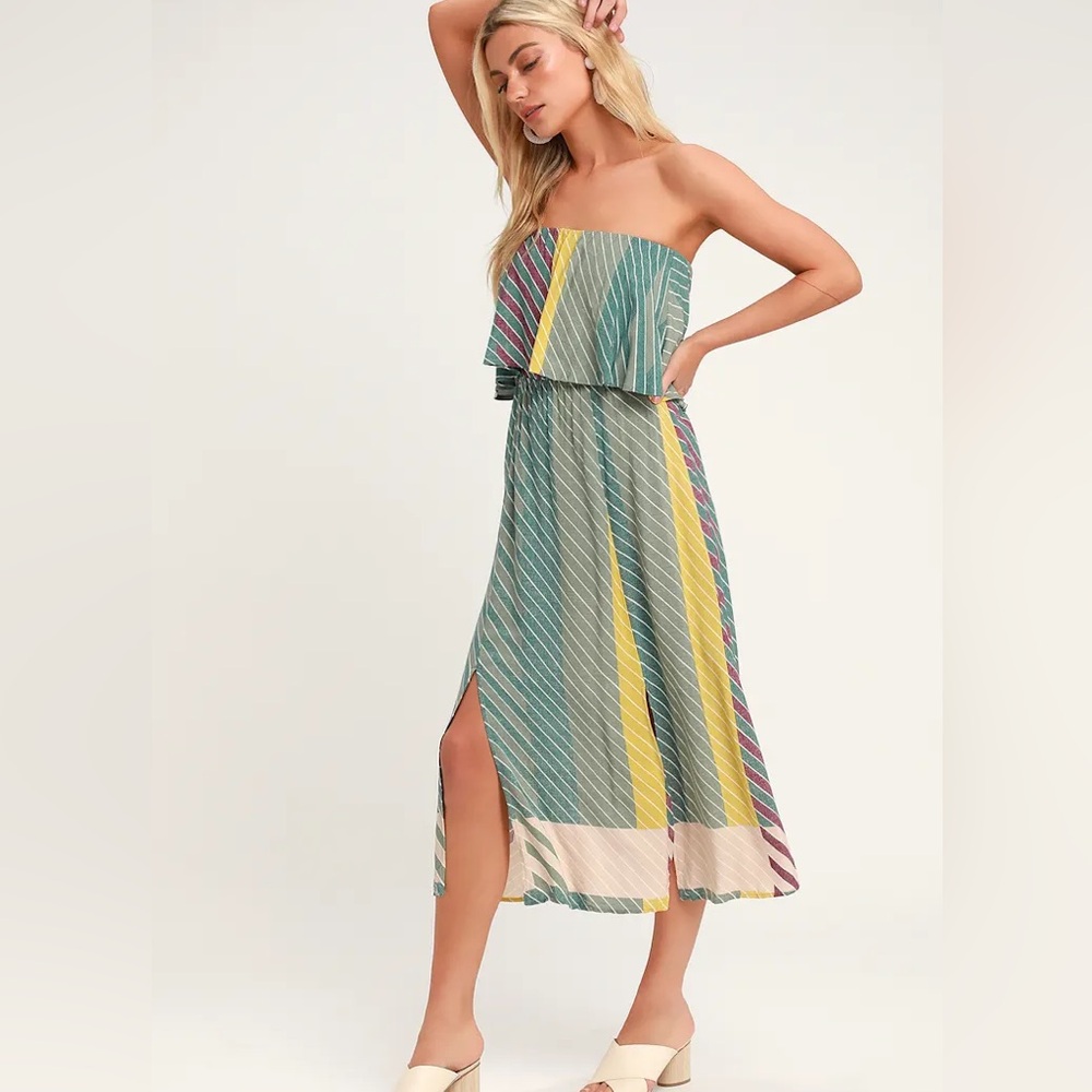 NWT O’Neill Koi Sage Green Multi Striped Slits Strapless Midi Dress medium women